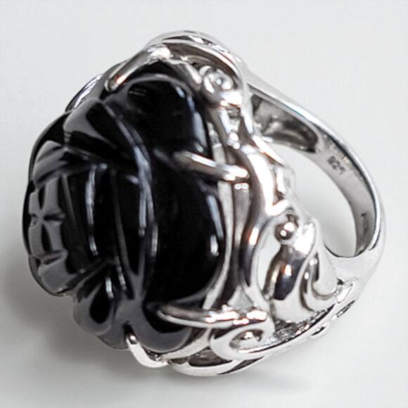 Vintage 925 Silver Carved Black Onyx Rose Ring Size 5.75 Chunky Statement - Picture 8 of 10